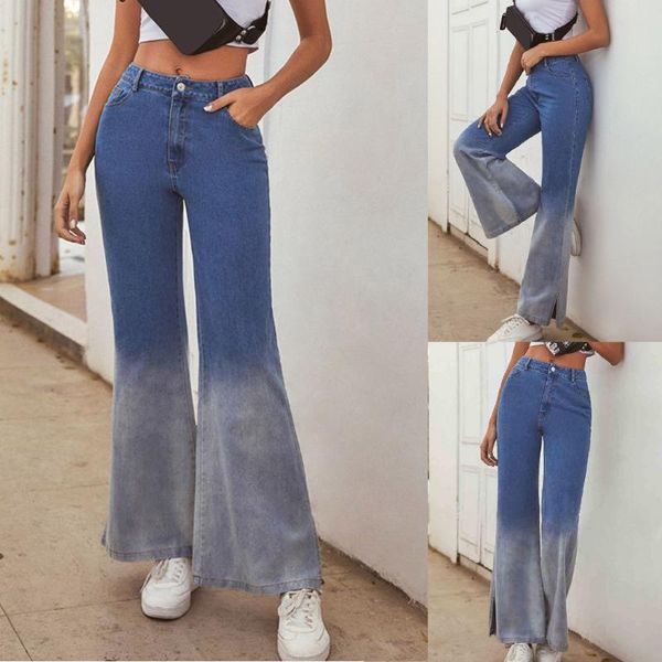 

women's high waisted jeans gradient denim zipper jeans trousers loose pants summer streetwear pantalones vaqueros mujer #j55, Blue
