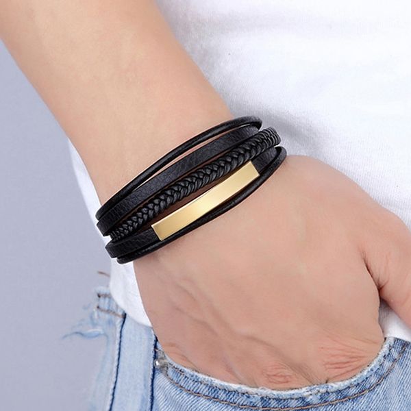 

bangle tjp wholesale price classic genuine leather bracelet for men hand charm jewelry multilayer magnet handmade gift cool boys, Black