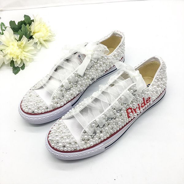 Scarpe da sposa stile country Donna Cristalli fatti a mano Perle Sneakers Scarpe da sposa piatte Scarpe da ginnastica da damigella d'onore in tela taglia 34-44