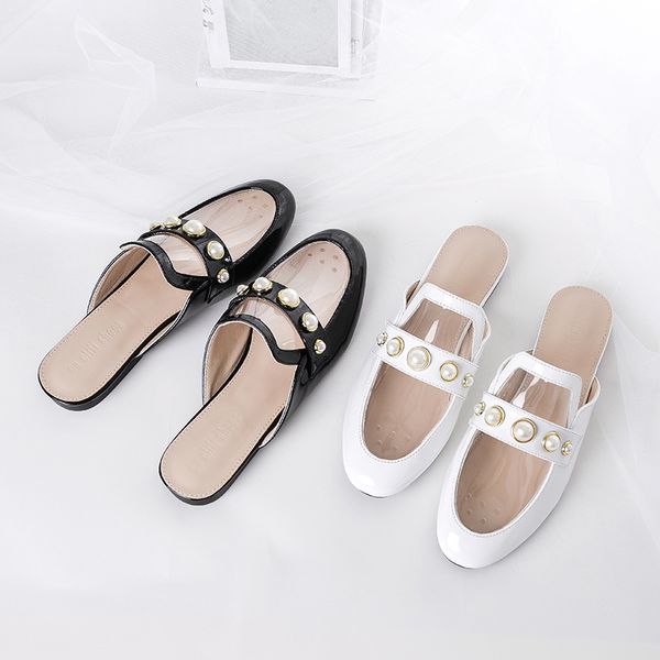 

2020 low heel mules women closed toe slipper rivet pearl slides outdoor shallow slipper pvc patchwork sandals zapatos de mujer, Black