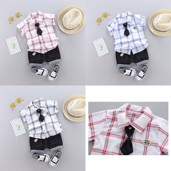 

2019 trend style summer cotton large lattice shirt tie bees pattern with short sleeve shirt and shorts two pieces for boys and girls, White