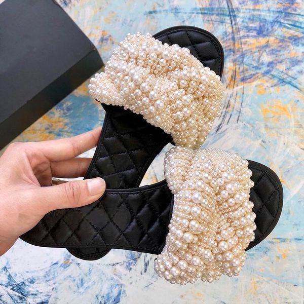 

handmade pearls white grey slides women genuine leather flats round peep toe women pearls flat slippers outdoor beach sandals with box, Black