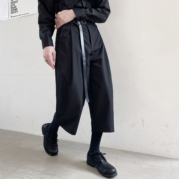 

mixcubic 2020 spring korean style personalized belt design wide leg pants men casual loose wide leg pants men,size m-xl, Black