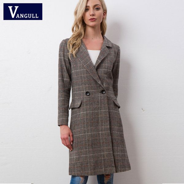 

vangull woman wool coat 2018 new winter jacket women slim woolen long cashmere coats causal plaid cardigan jackets, Black