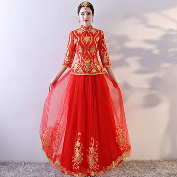 

2018 red cheongsam qipao dresses long chinese traditional wedding dress oriental wedding gowns bride traditions
