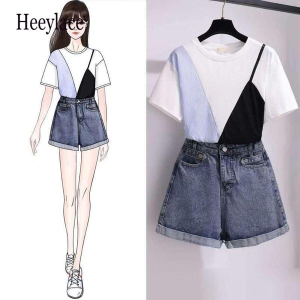 

2020 summer 2 piece outfits korean style chic t-shirt and shorts set casual cute girl suit 2 piece set women clothes, White