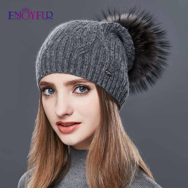 

enjoyfur высокое качество кашемир женщины зимние шапки мода ссылка тип вязаная шапка женская девушка осень мех помпон шапочки mx191130, Blue;gray