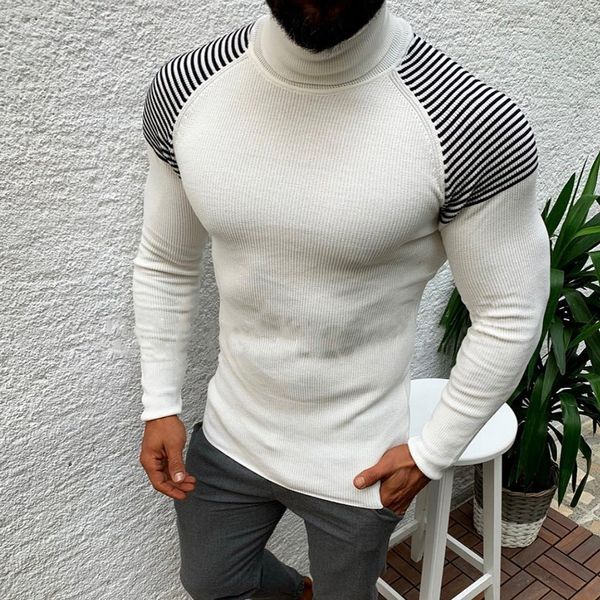 

autumn full sleeve knitwear new turtleneck knitting sweater for men clothes korean style solid pullover slim spliced pull homme, White;black
