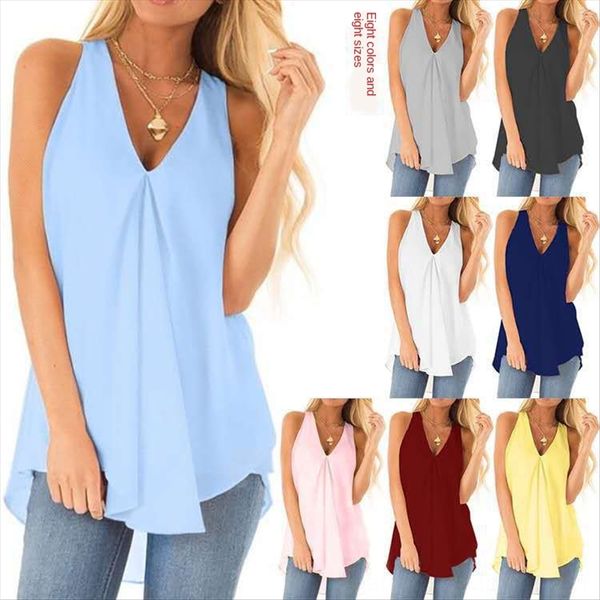 

women's sleeveless loose solid color v-neck chiffon women's sleeveless loose solid color v-neck chiffon t-shirt t-shirt top, White