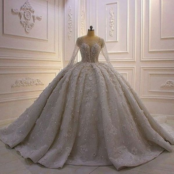 

2020 ball gown wedding dress jewel neck lace 3d floral appliqued bead long sleeve robe de mariee custom made arabic wedding gowns, White