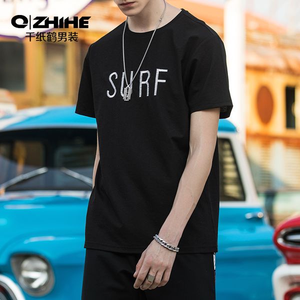 

qzhihe street hip-hop loose casual tee teenage boy solid color slim short sleeve t-shirt men cotton letter tee shirt homme, White;black