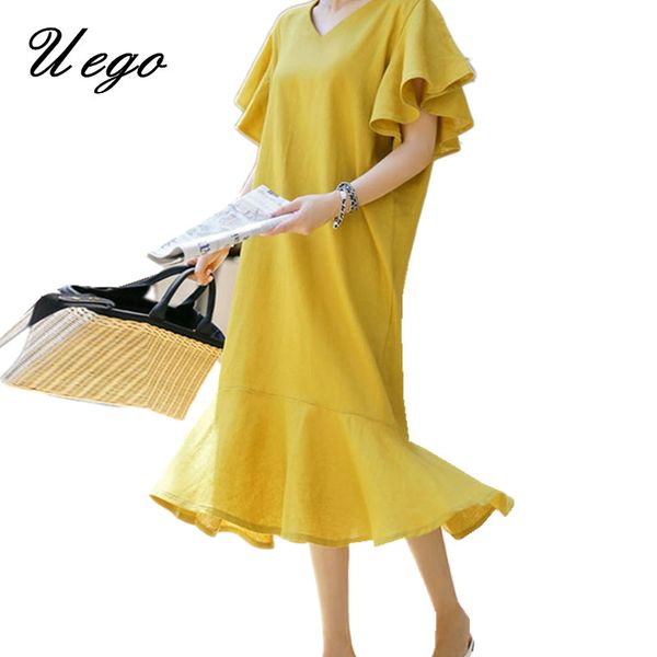 

Fashion Butterfly Sleeve Cotton Linen Loose Summer Dress Korean design Ruffles V-neck Lady Shirt Dress 2019 Women Casual Dress