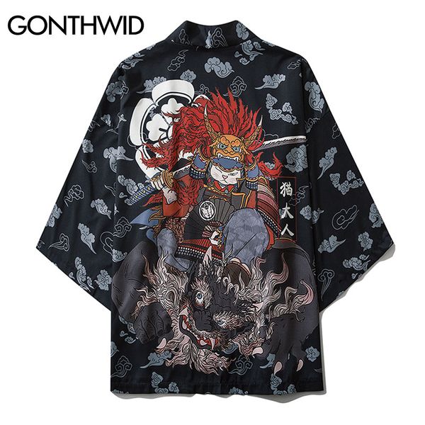

gonthwid японский самурай cat kirin печать кимоно кардиган рубашки куртки streetwear мужчины hip hop harajuku повседневный летнее пальто top, Black;brown