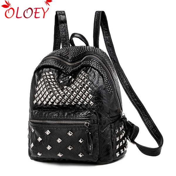 

2019 new washed leather rivet shoulder rivet bag korean leisure travel bag portable college wind double back computer black