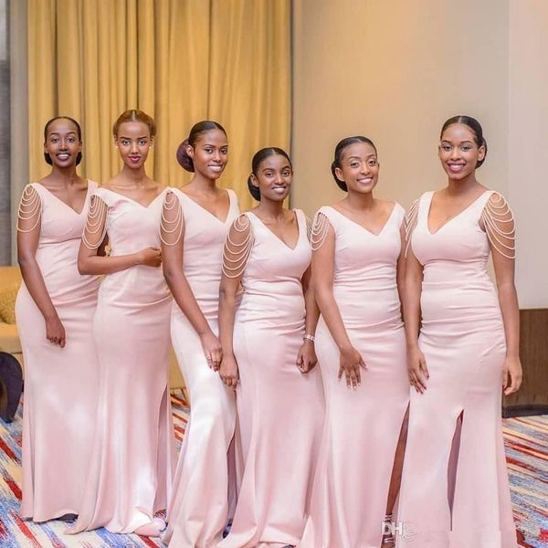 

mermaid pink bridesmaid dresses plus size front split v neck formal party prom gowns wedding guest dress vestidos de dama de honor, White;pink