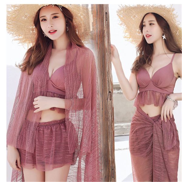 

swimsuit female sense bikini three-piece set split flat skirt spring new super fairy small fragrant wind swimsuit, White;black