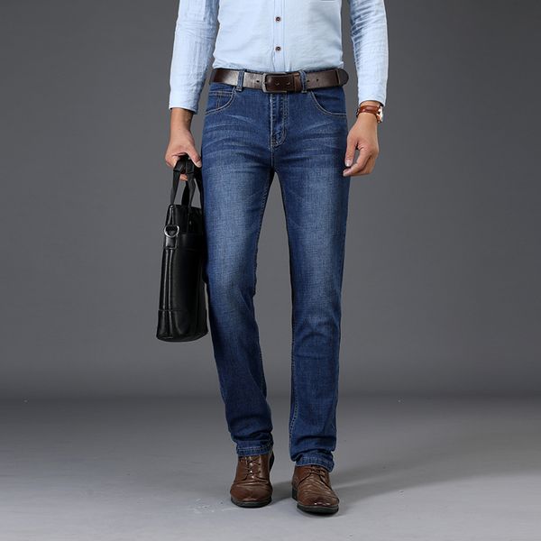 

sulee brand men's straight casual business jeans fashion denim trousers dark blue male pant big size