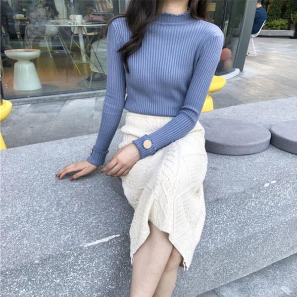 

2020 korean basic fall winter pullover long sleeve buttons solid vintage slim turtleneck knitted sweater women sueter mujer lm95, White;black