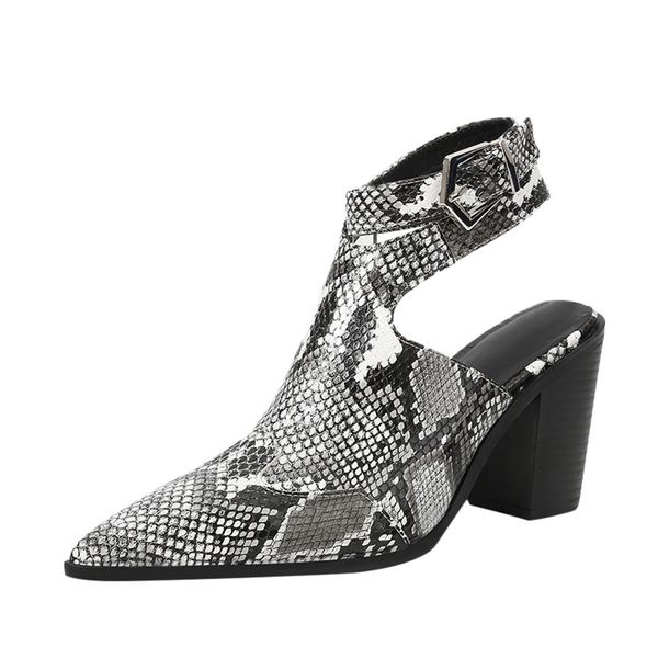 

women's booties leather pointed snakeskin square heels buckle roman bootsÂ bota feminina large size shoe, Black