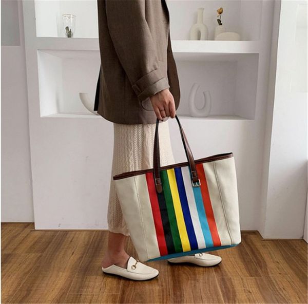 

rainbow stripe canvas bag tote bag large capacity handbag ph-cfy2003193*