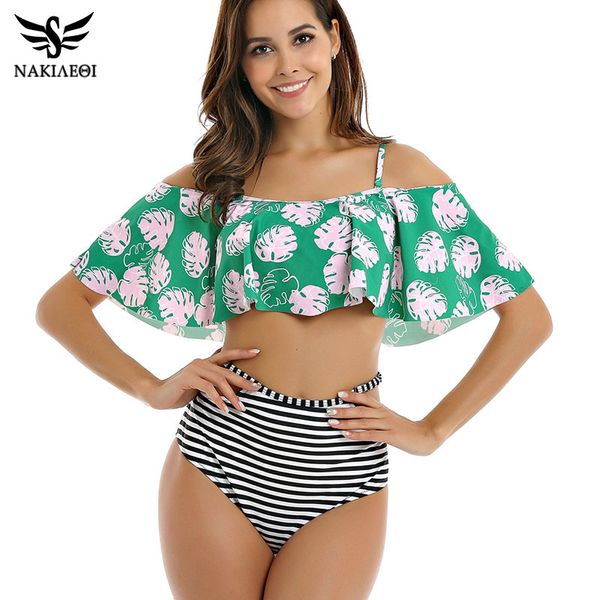 

nakiaeoi high waist swimsuit push up swimwear 2019 new bikinis women flower print ruffle bikini set beach wear bathing suit
