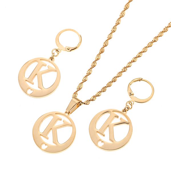 

stainless steel initial necklace earring jewelry set monogram trendy letters k pendant jewelry set, Black