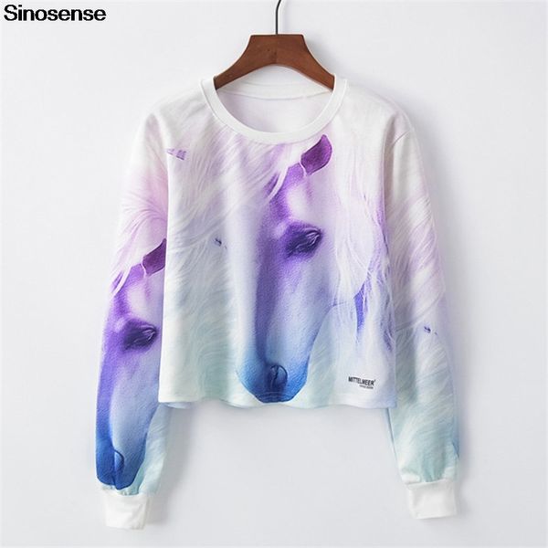 

new animal horse print women hoodie cropped sweatshirt 2018 long sleeve hooded casual pullover clothing crop sweatshirt, Black