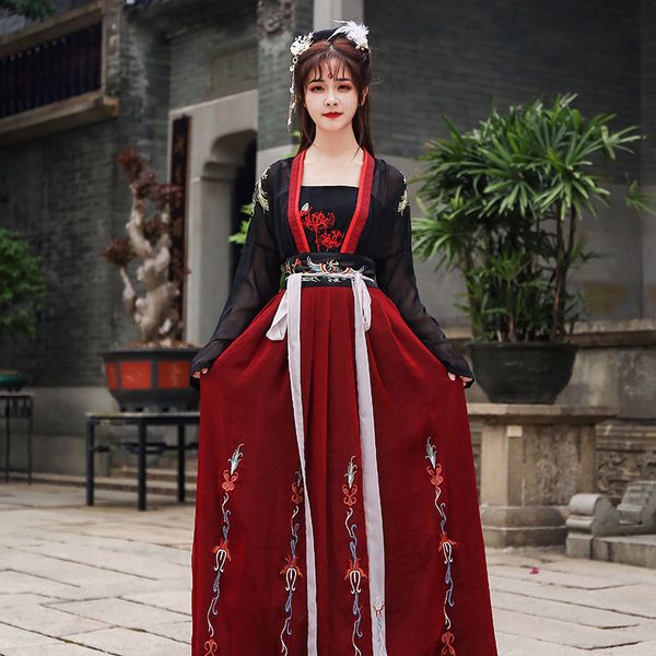 

skirt suit flower embroidered silk robe student summer chiffon dress black tang suit, Red