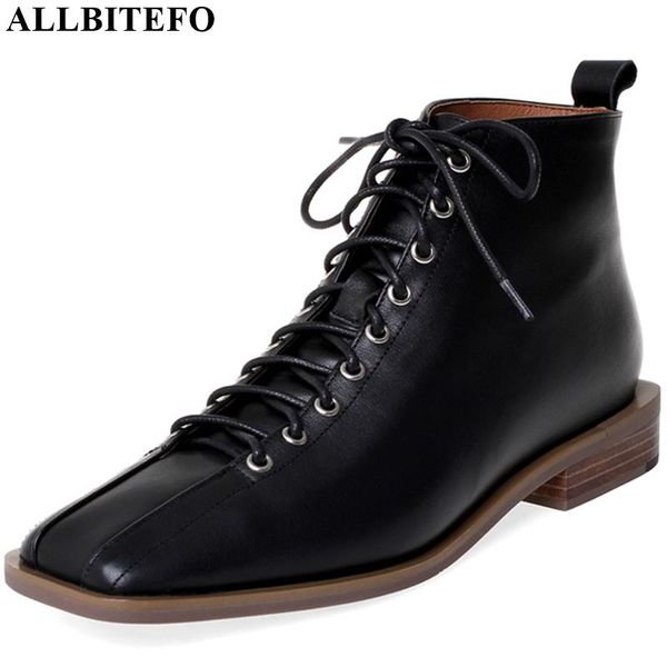 

allbitefo real genuine leather ankle boots frenulum autumn winter women boots square toe fashion comfortable breathable, Black