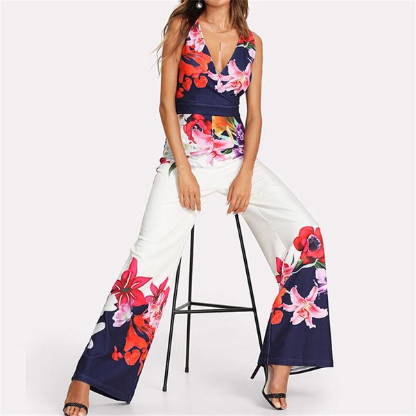 

women's floral print sleeveless jumpsuit new fashion ladies clubwear playsuit party bodycon v-neck jumpsuit romper long trousers, Black;white