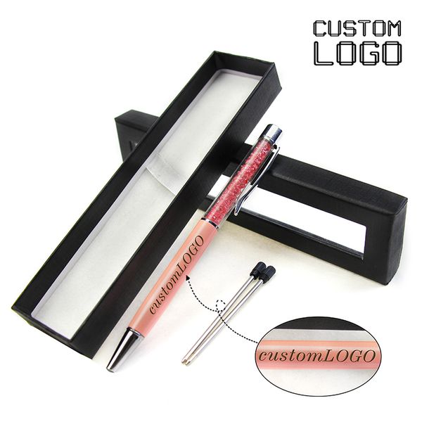 

1 set of custom logo advertising metal ballpoint pen crystal gift ballpoint pen school office supplies with case, Blue;orange