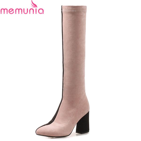 

memunia 2019 new arrival knee high boots women flock high heels boots mixed color autumn winter stretch dress shoes woman, Black