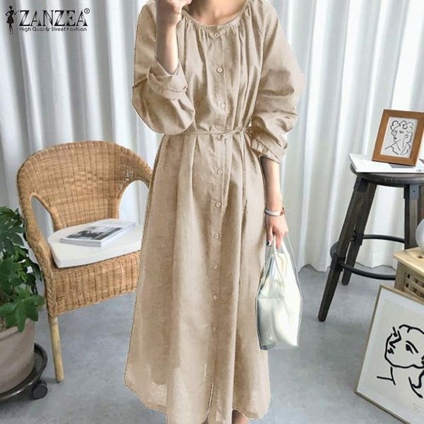 

zanzea women long sleeve buttons down shirt dress autumn elegant solid work long vestido 5xl cotton linen sundress robe femme, Black;gray
