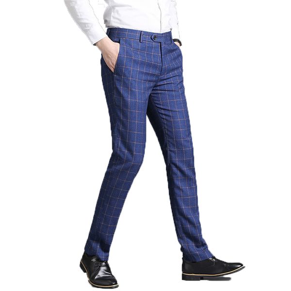 

2019 men pure color fashion business formally suit pants male leisure pants trousers classic slim fit plaid suit men 29-38, White;black