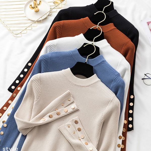 

autumn women sweater fashion metal buckle solid color knitted sweater women round neck long sleeve casual pullovers top, White;black
