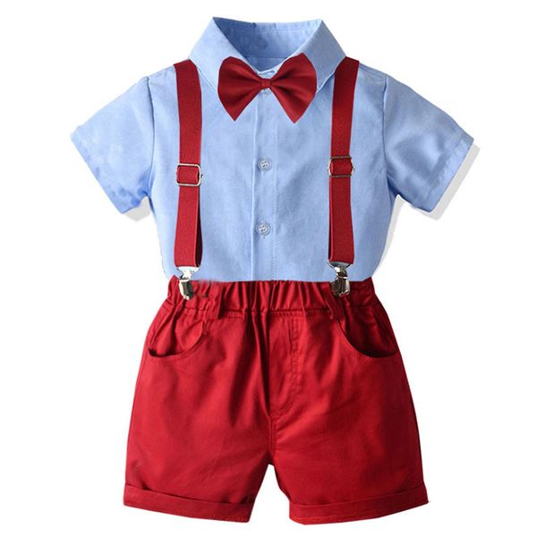 

baby boy gentleman clothes summer cotton bow shirt + bib strap short pants 2pcs outfits formal party clothes kids clothes t200707, White