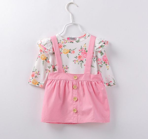 

1-6y 2pcs autumn sweet pretty infant baby girls clothes sets long sleeve floral print ruffles romper +pink overalls dress, White