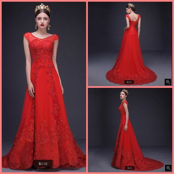 

robe de soiree red tulle a line cap sleeve beaded sequins evening dress sheer back corset formal long prom evening gowns selling, Black;red