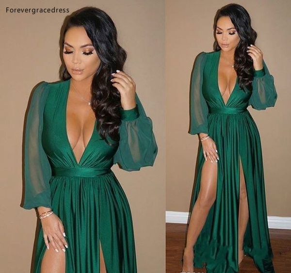 

2019 green plunging v neck evening dress sheer long sleeves formal holiday wear prom party gown custom made plus size, White;black