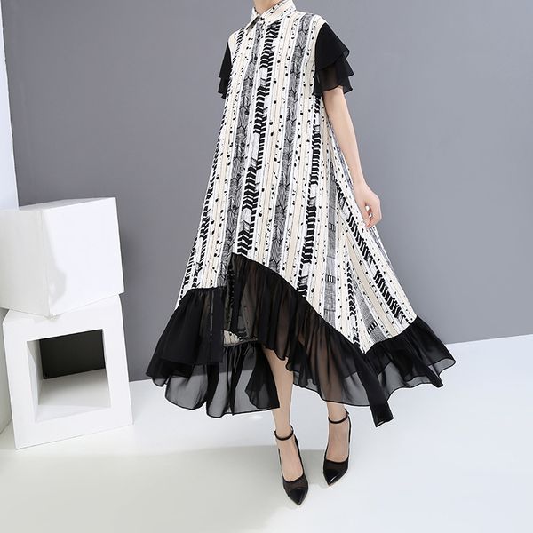 

2020 new large size womens korean-style loose chiffon skirt ruffles shirt dress summer 6199, White;black