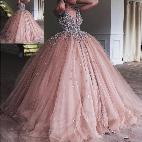 

шампанское тюль бальное платье платье quinceanera 2020 элегантный тяжелый кристалл из бисера глубокий v-образным вырезом сладкие 16 платья в, Blue;red