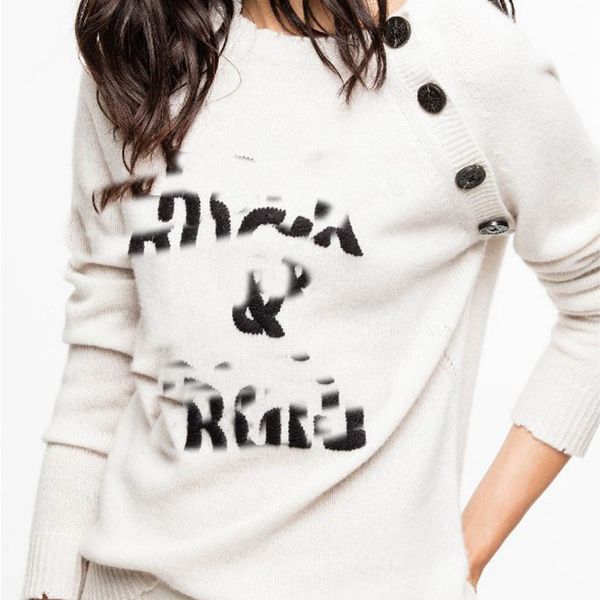 

women sweater 2019 autumn and winter black / white solid color round tie letter single row shoulder button cashmere sweater, White;black