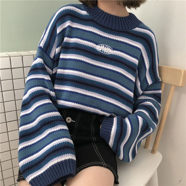 

women's sweaters kawaii pullover jumper female korean harajuku clothing for women loose wild striped student sweater, White;black