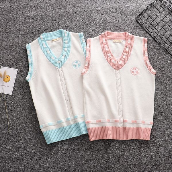 

fresh soft color embroidery pattern sweater vest high school japanese-style knitting pullover, Black;white