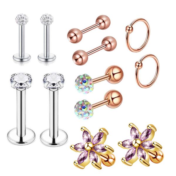 

10 set stainless steel piercing cartilage earrings 16g helix tragus ear stud lip nose hoop rings barbell labret jewelry 120pcs, Silver