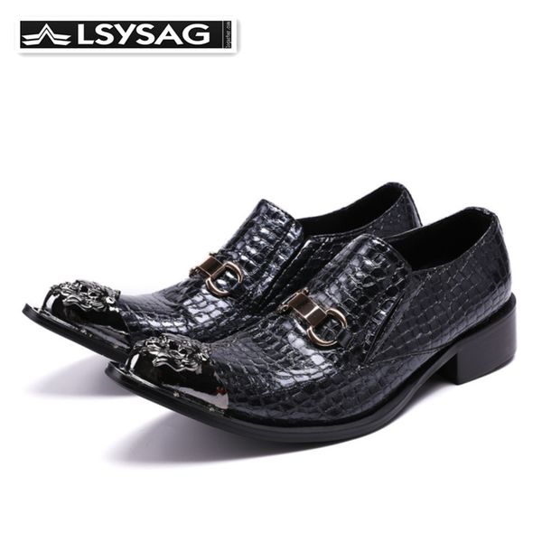 

italian business luxury men party dress shoes metal pointed toe formal shoes men genuine leather oxford office plus size, Black