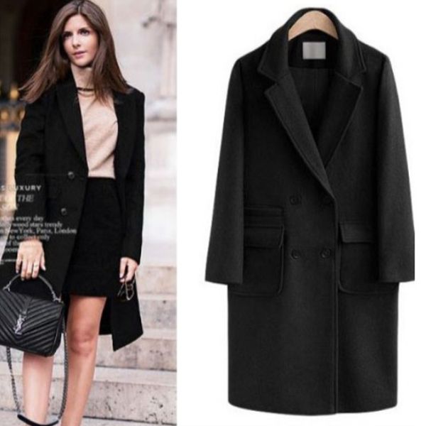 

wepbel women autumn winter wool blend woolen coat jacket warm plus size loose full sleeve long pockets buttons ladies outwear, Black