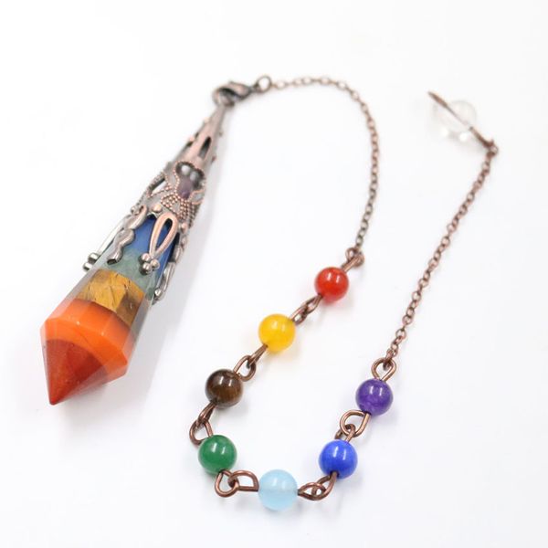 

5 pcs hexagon prism layer rainbow stone pendant with beads chain healing chakra copper plated jewelr, Silver
