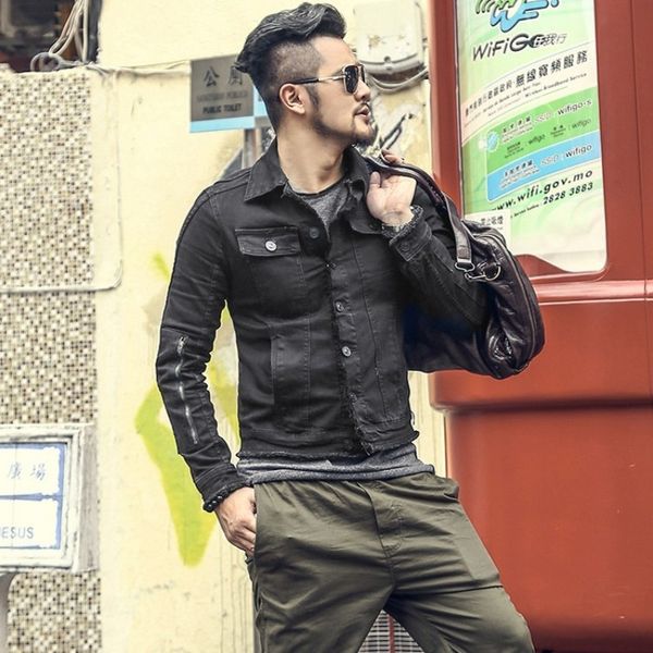 

men's jackets fashion mens slim fit black denim motorcycle cowboy coat single breasted casual tassel streetwear biker male jeans jacket, Black;brown