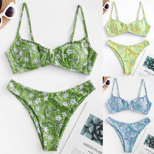 

women bikini set lace up floral print bandage swimsuit low waist thong brazilian biquini swimwear summer beach wear